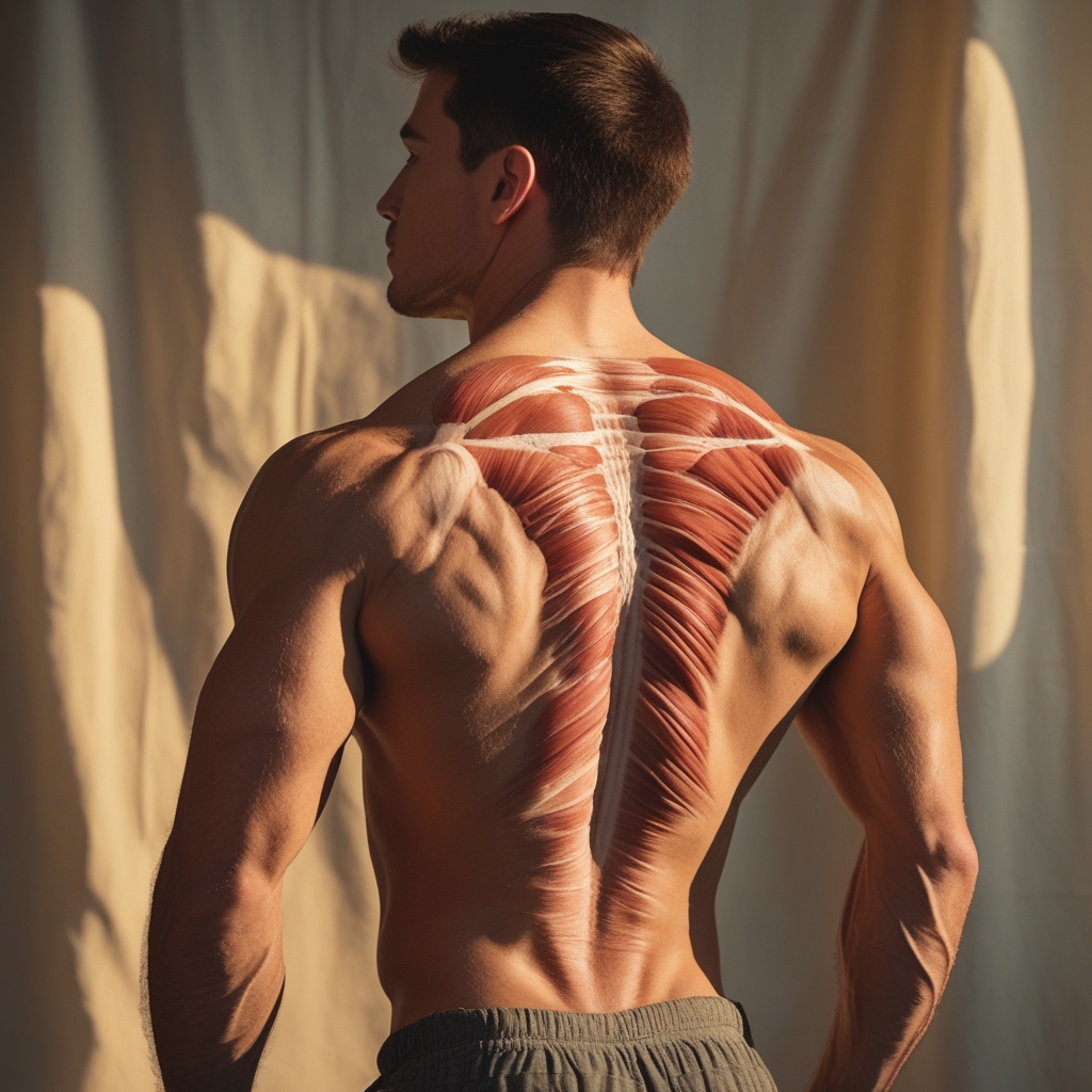 Stylized artistic photograph showing the muscular structure of a human back during a slow stretching movement, warm natural light from the side, textured linen fabric in the background