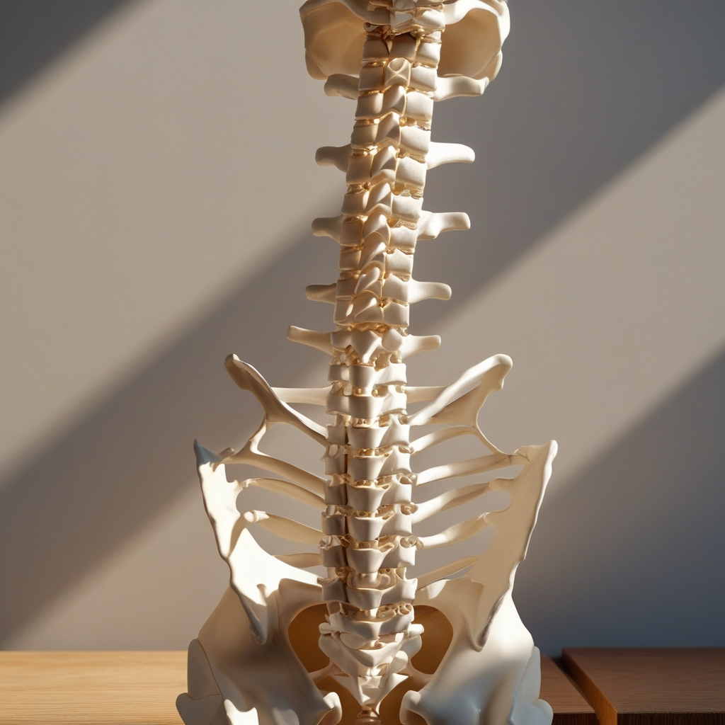Close-up view of a detailed anatomical model of the human spine with vertebrae clearly visible, placed on a wooden surface with natural side lighting creating depth and shadow