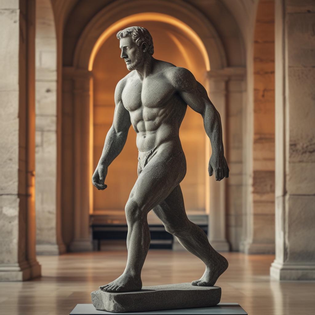 Aged stone sculpture of a human figure in a dynamic walking pose displayed in a classical museum gallery with warm ambient lighting and textured stone walls in the background