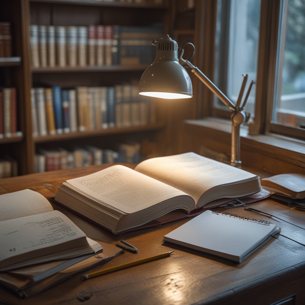 A wooden library desk with an open anatomy and physiology textbook, a small notebook with handwritten notes, a pencil, and warm reading lamp light illuminating the pages in a quiet study environment